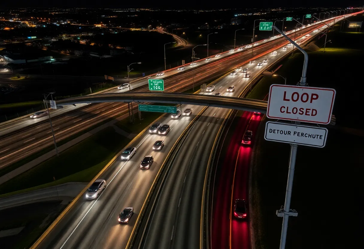 Nighttime view of Loop 1604 showing construction and road closure signs.