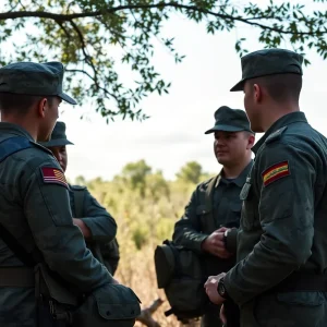 Group of Marines looking contemplatively in a peaceful setting.