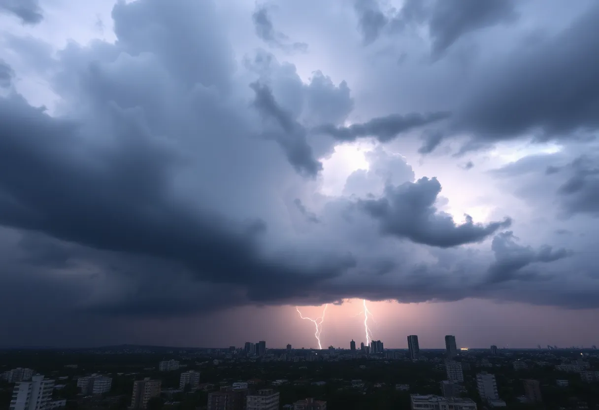 Dark clouds and swirling winds from a massive storm system