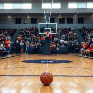 Empty basketball court at McCollum High School reflecting uncertainty