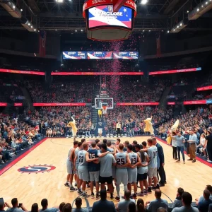 Memphis basketball team celebrating after winning the AAC championship