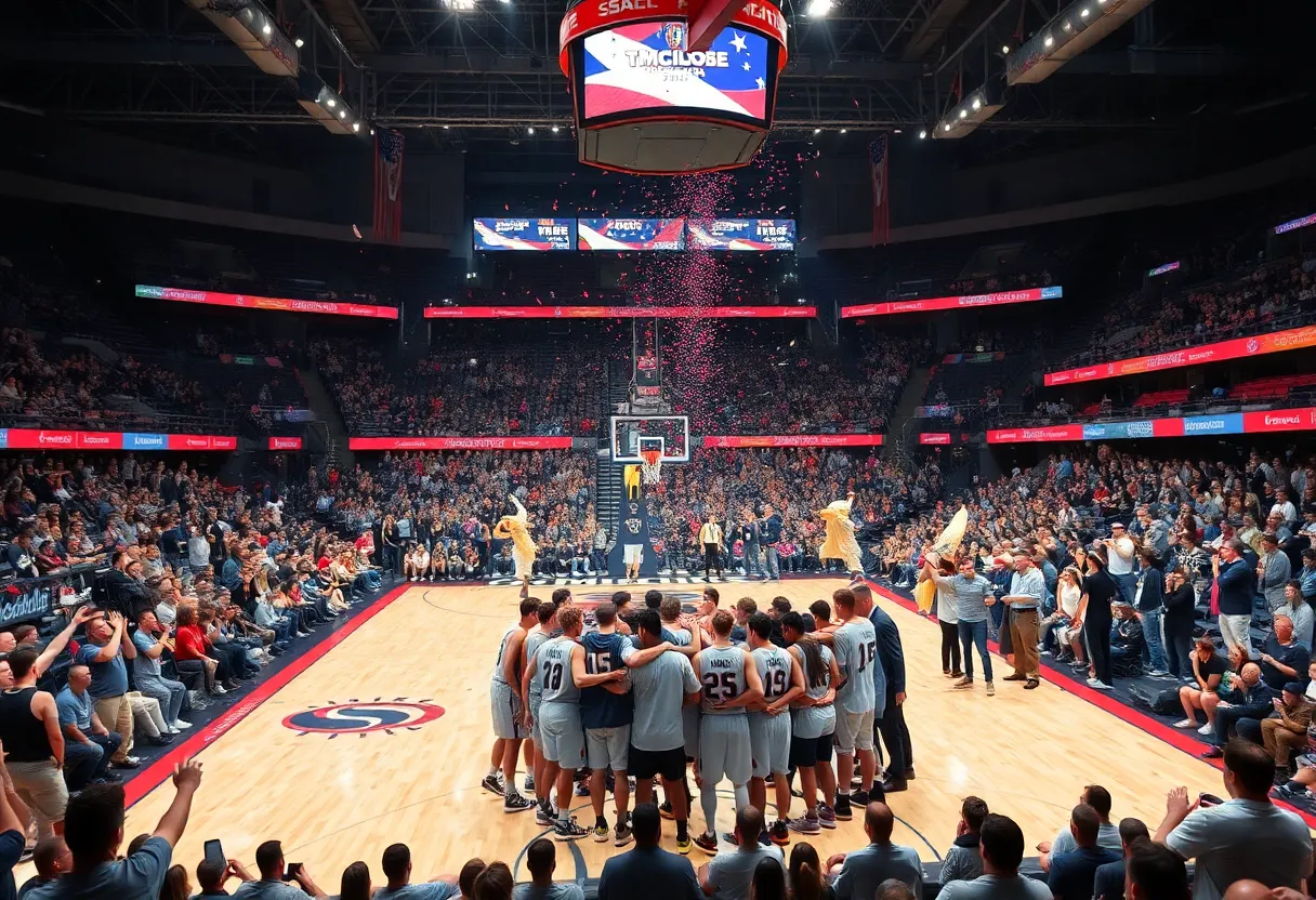 Memphis basketball team celebrating after winning the AAC championship