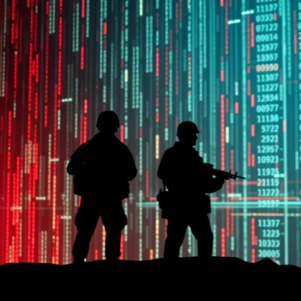 Silhouette of soldiers with digital data streams