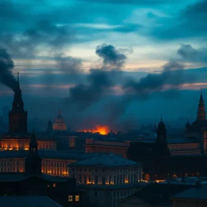 Moscow cityscape affected by drone attack