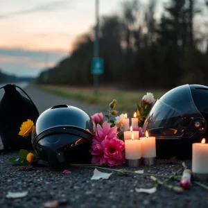 Memorial for motorcycle accidents featuring helmets and flowers.