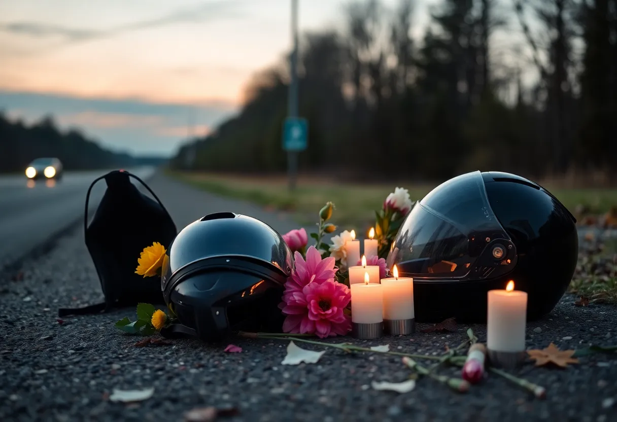 Memorial for motorcycle accidents featuring helmets and flowers.