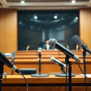 A courtroom representing the music industry's legal issues