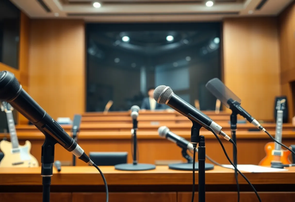 A courtroom representing the music industry's legal issues