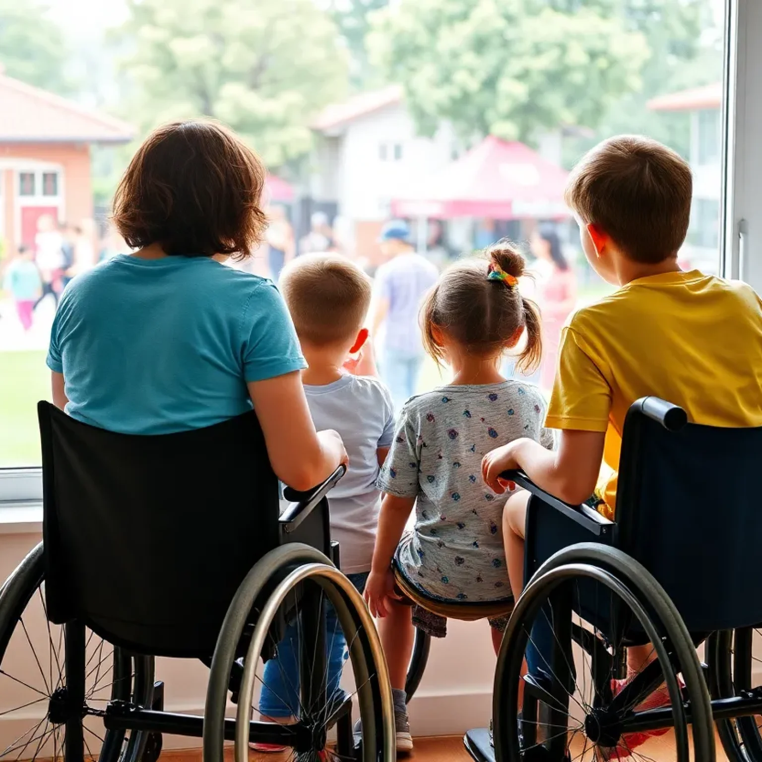 Family with disabled children looking out at community