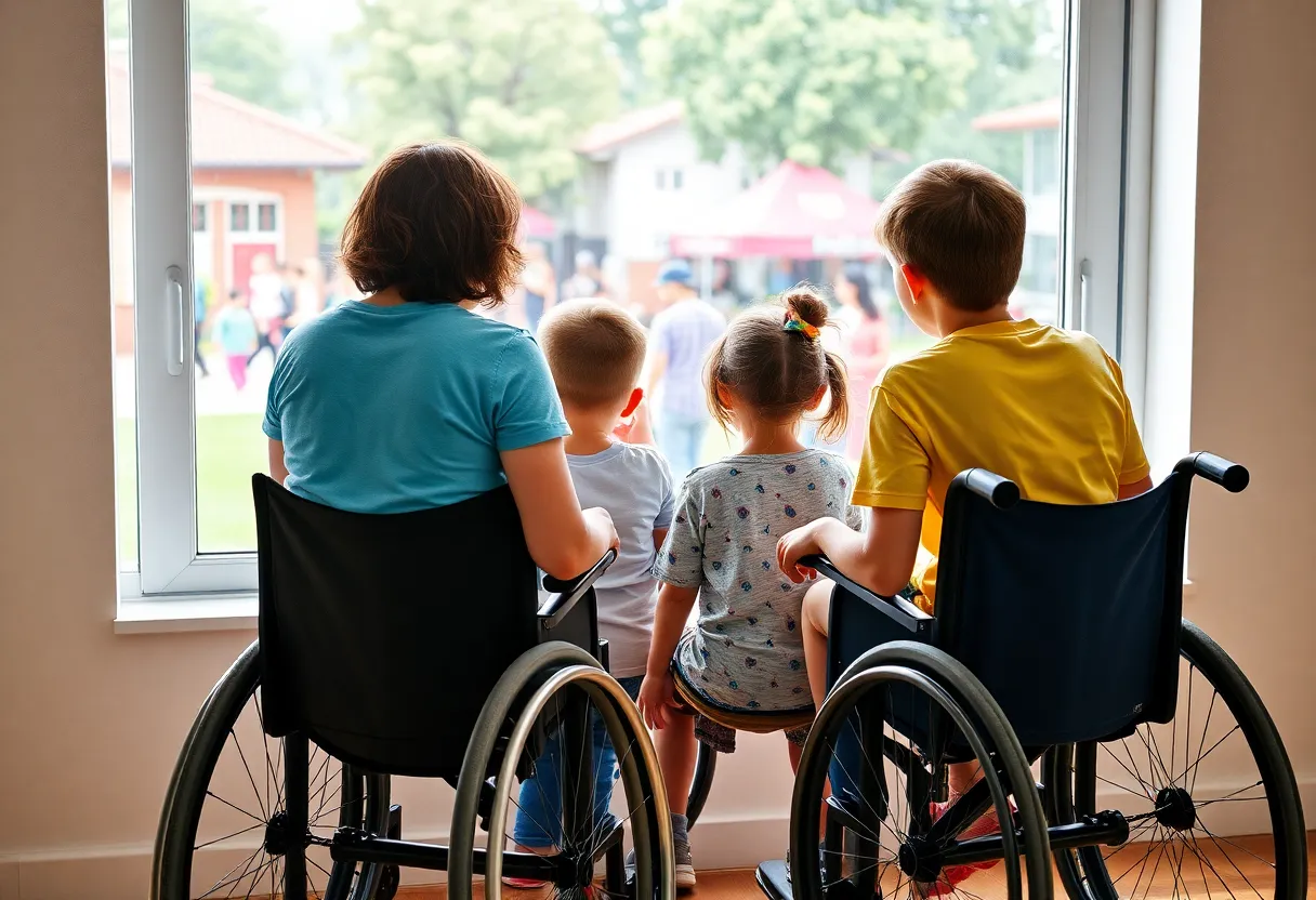 Family with disabled children looking out at community