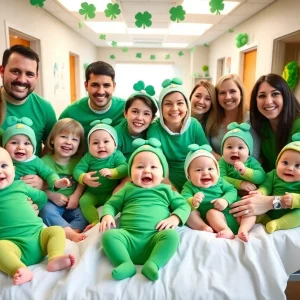 Several newborn babies in festive green onesies celebrating St. Patrick's Day