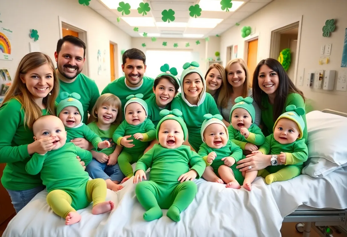 Several newborn babies in festive green onesies celebrating St. Patrick's Day