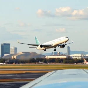 A San Antonio International Airport airplane taking off with city skyline in the background.