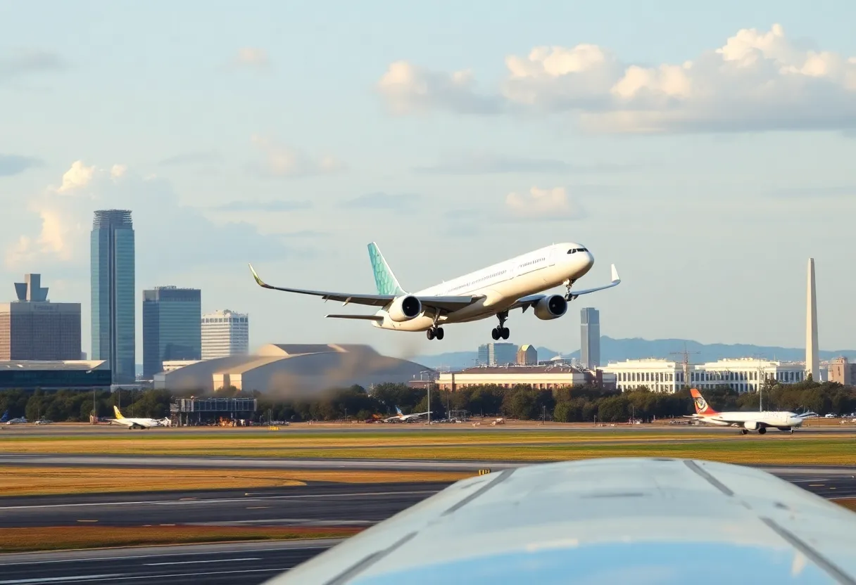 A San Antonio International Airport airplane taking off with city skyline in the background.