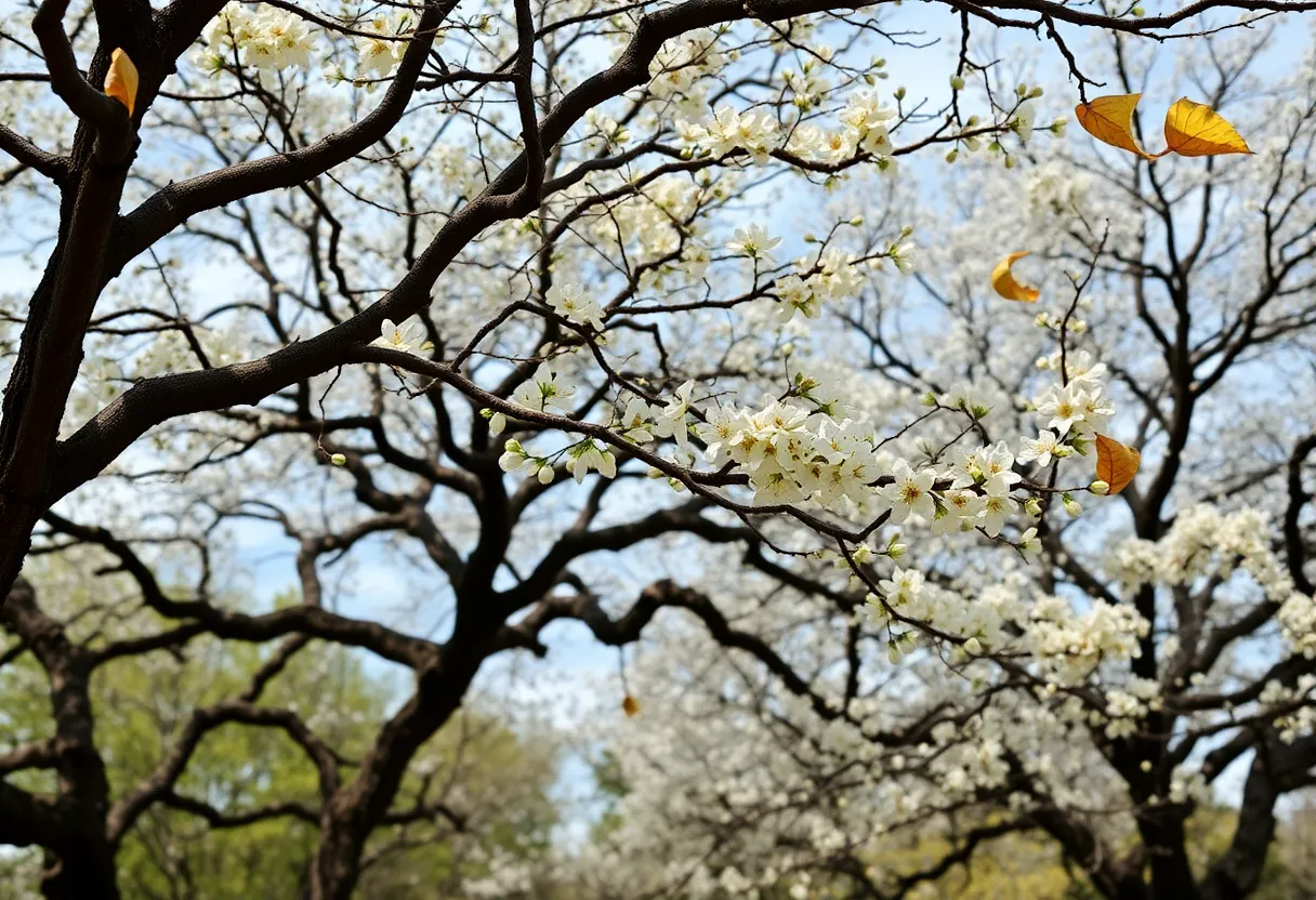 Beautiful oak trees with pollen catkins in San Antonio spring