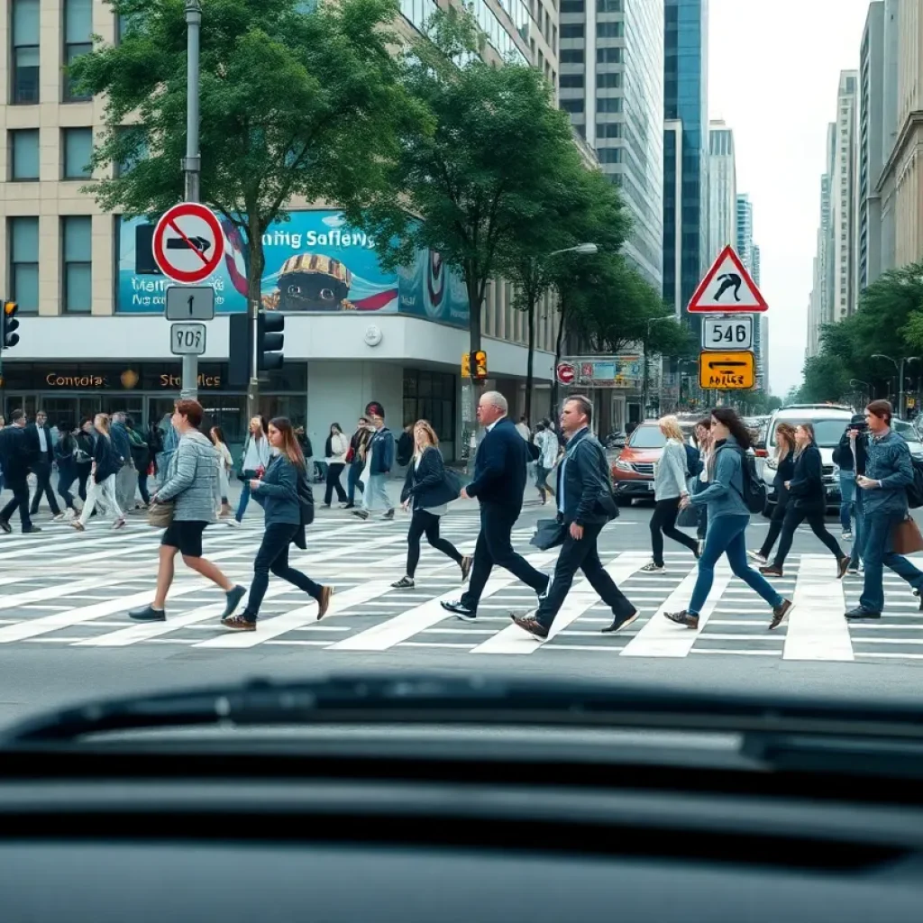 Pedestrians crossing at a busy crosswalk in San Antonio with safety signs visible.