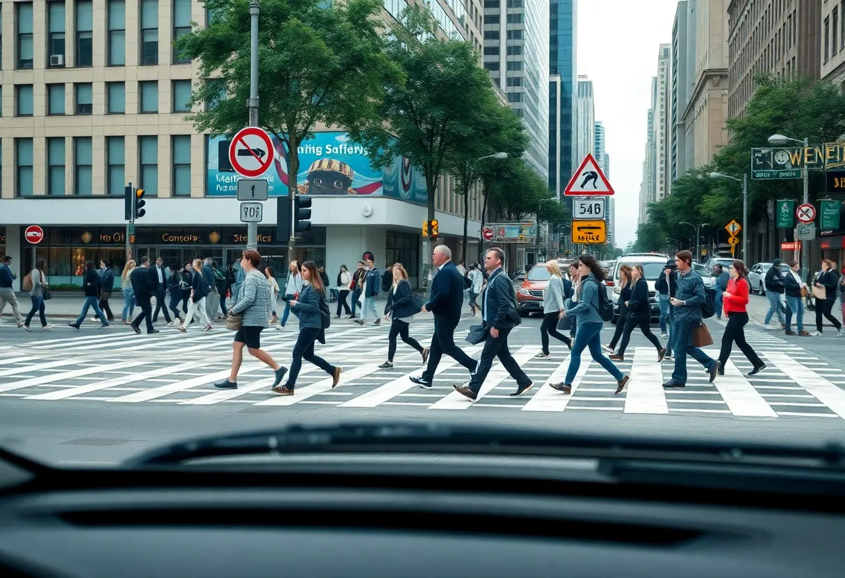 Pedestrians crossing at a busy crosswalk in San Antonio with safety signs visible.