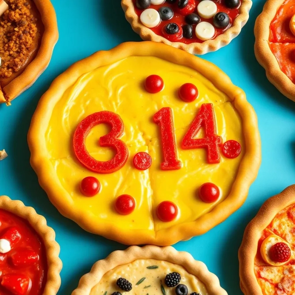 Assorted pies and pizzas celebrating Pi Day with $3.14 deals.