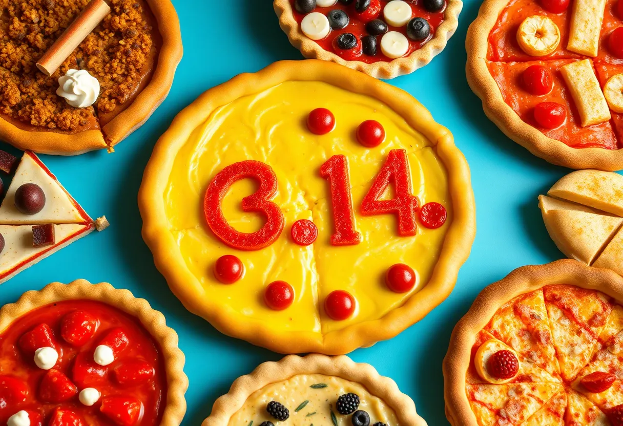 Assorted pies and pizzas celebrating Pi Day with $3.14 deals.