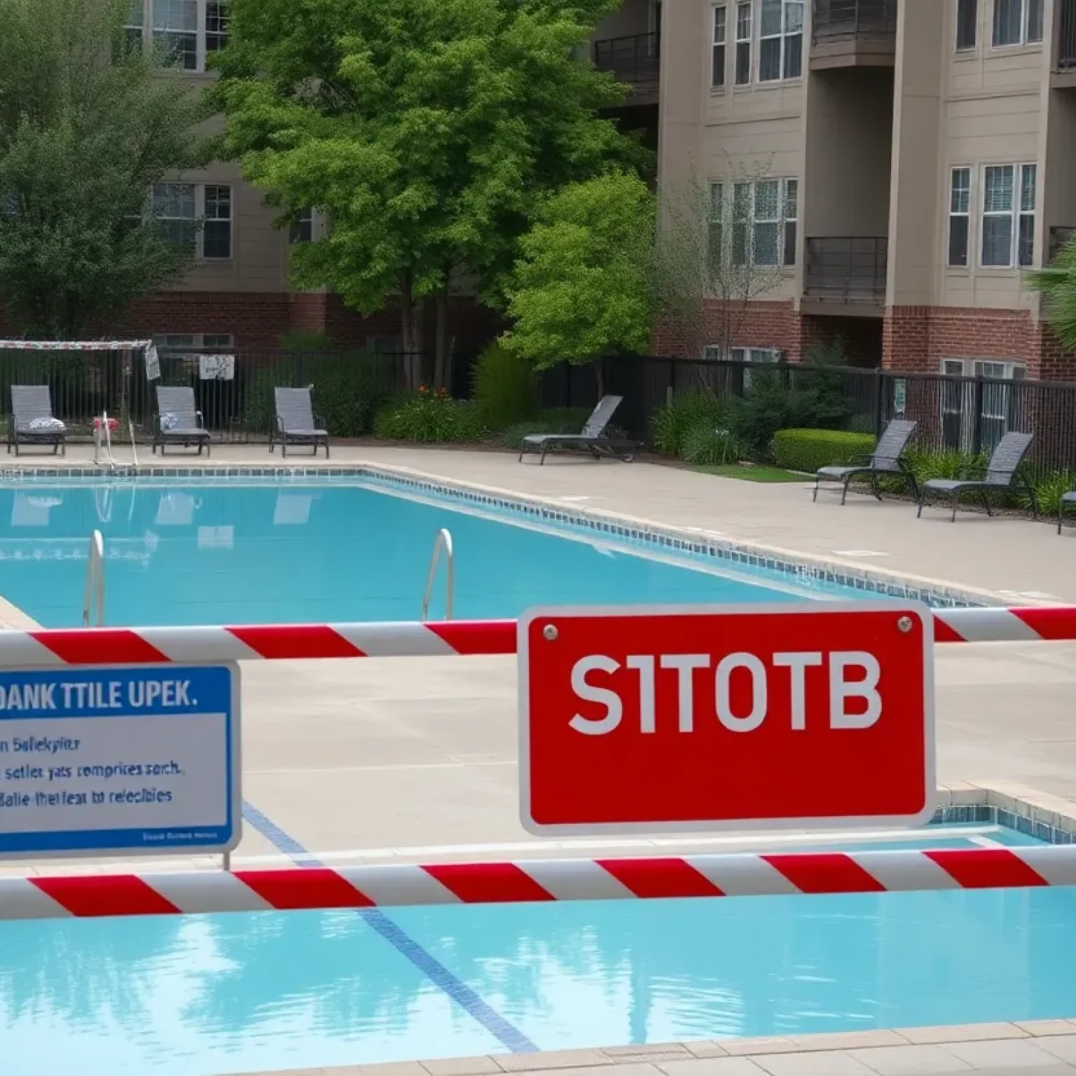 A view of the pool area at an apartment complex emphasizing safety precautions.