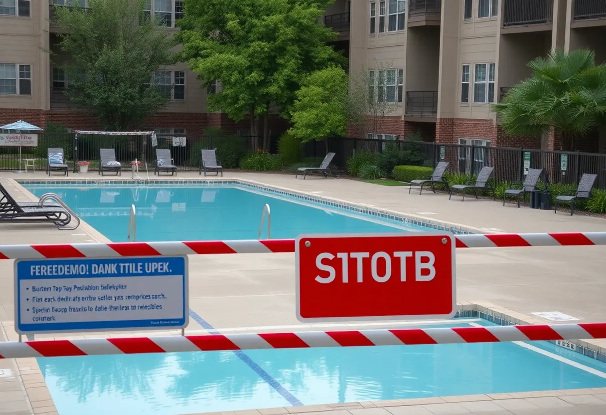 A view of the pool area at an apartment complex emphasizing safety precautions.