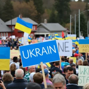 Crowd of protesters with signs supporting Ukraine in Vermont