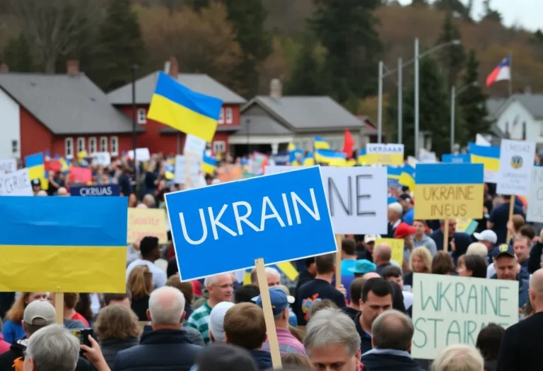 Crowd of protesters with signs supporting Ukraine in Vermont