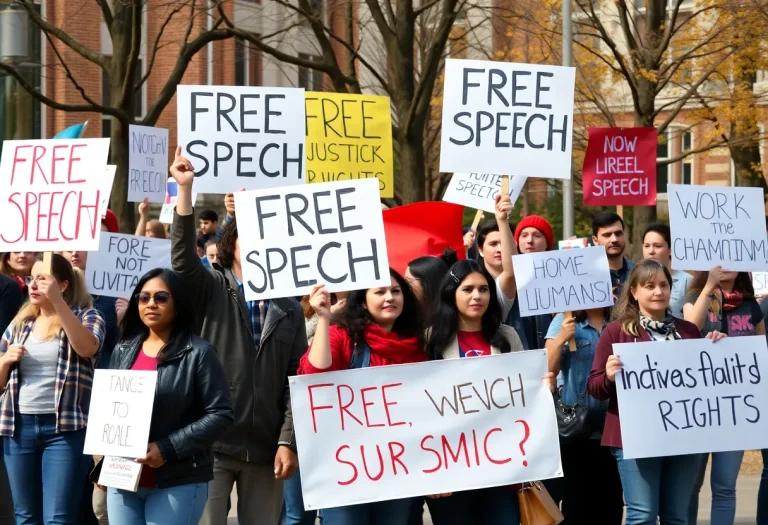 Demonstrators advocating for free speech and justice at a university protest.