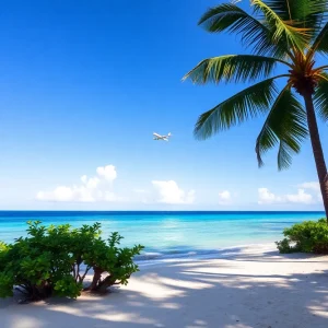 Tropical beach in Puerto Rico with airplane in the sky