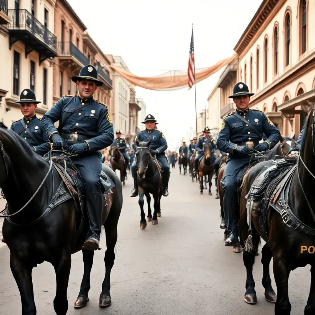 A historic photograph of a San Antonio mounted police officer in early 1900s attire