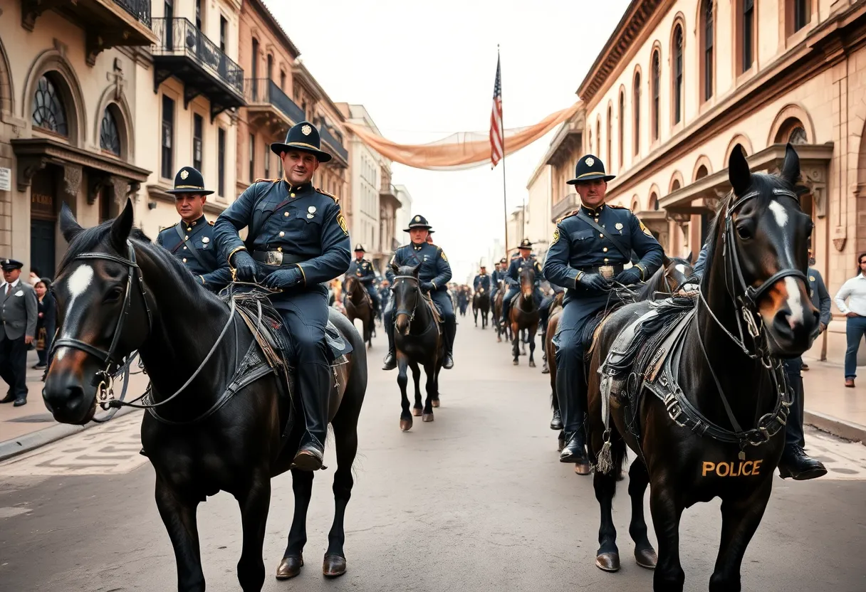 A historic photograph of a San Antonio mounted police officer in early 1900s attire