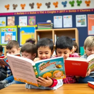 Students reading in a classroom during the literacy challenge