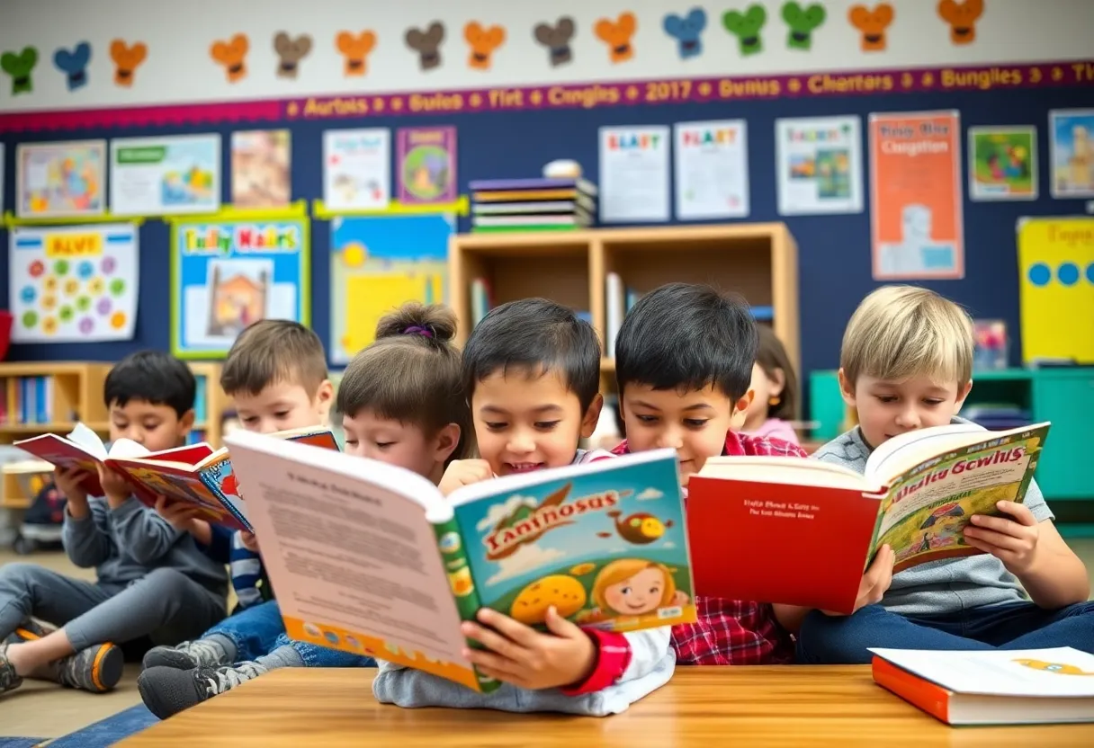 Students reading in a classroom during the literacy challenge