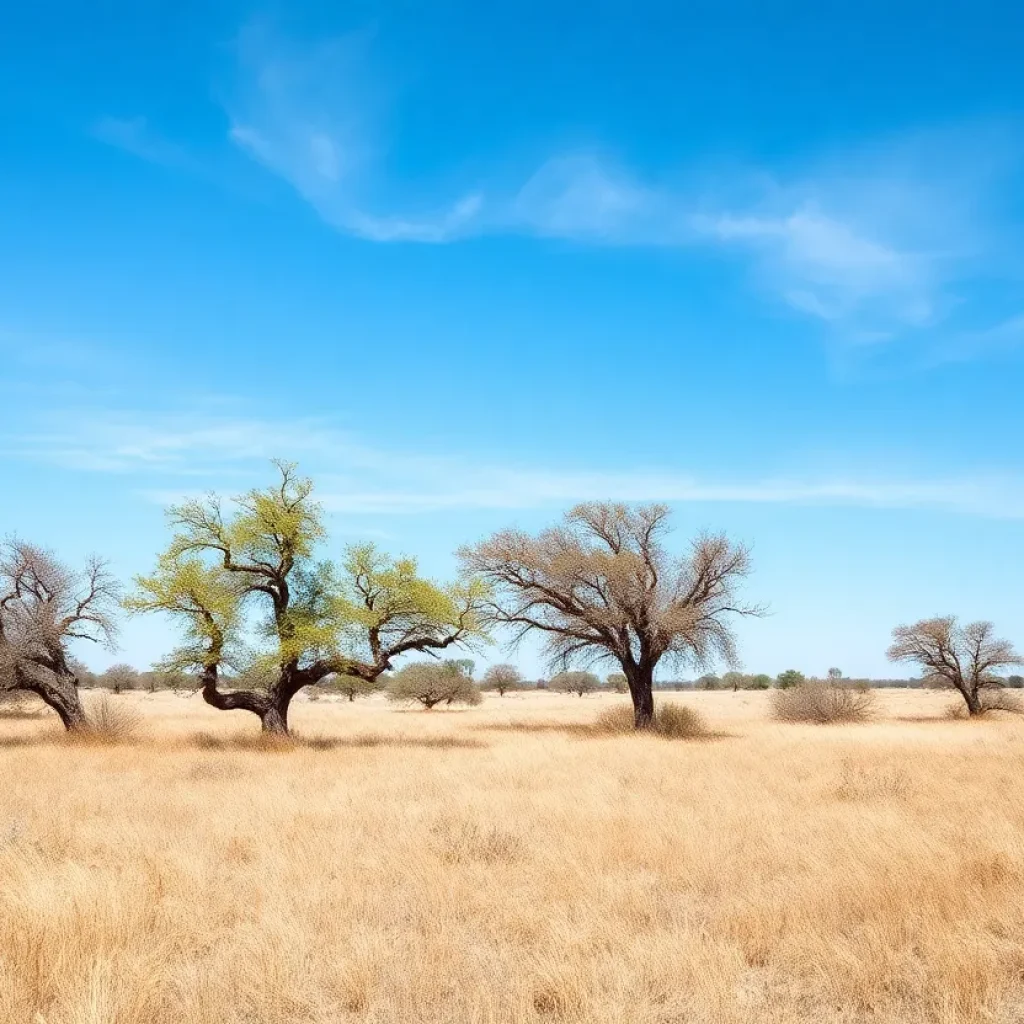 Dry landscape in South-Central Texas with warning signs for wildfire risks.