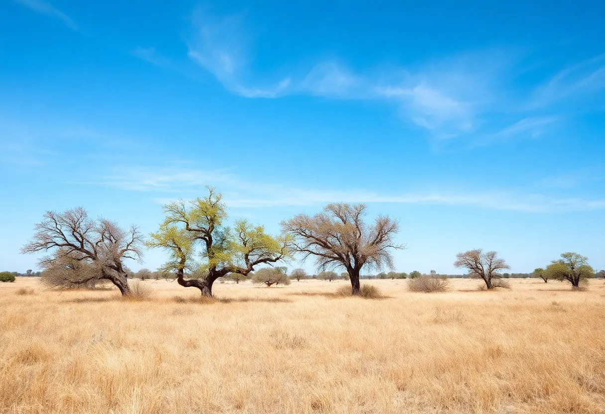 Dry landscape in South-Central Texas with warning signs for wildfire risks.