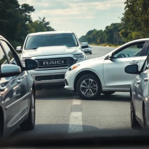 A white pickup truck and a silver sedan involved in a road rage incident.