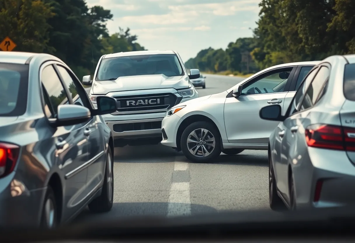 A white pickup truck and a silver sedan involved in a road rage incident.