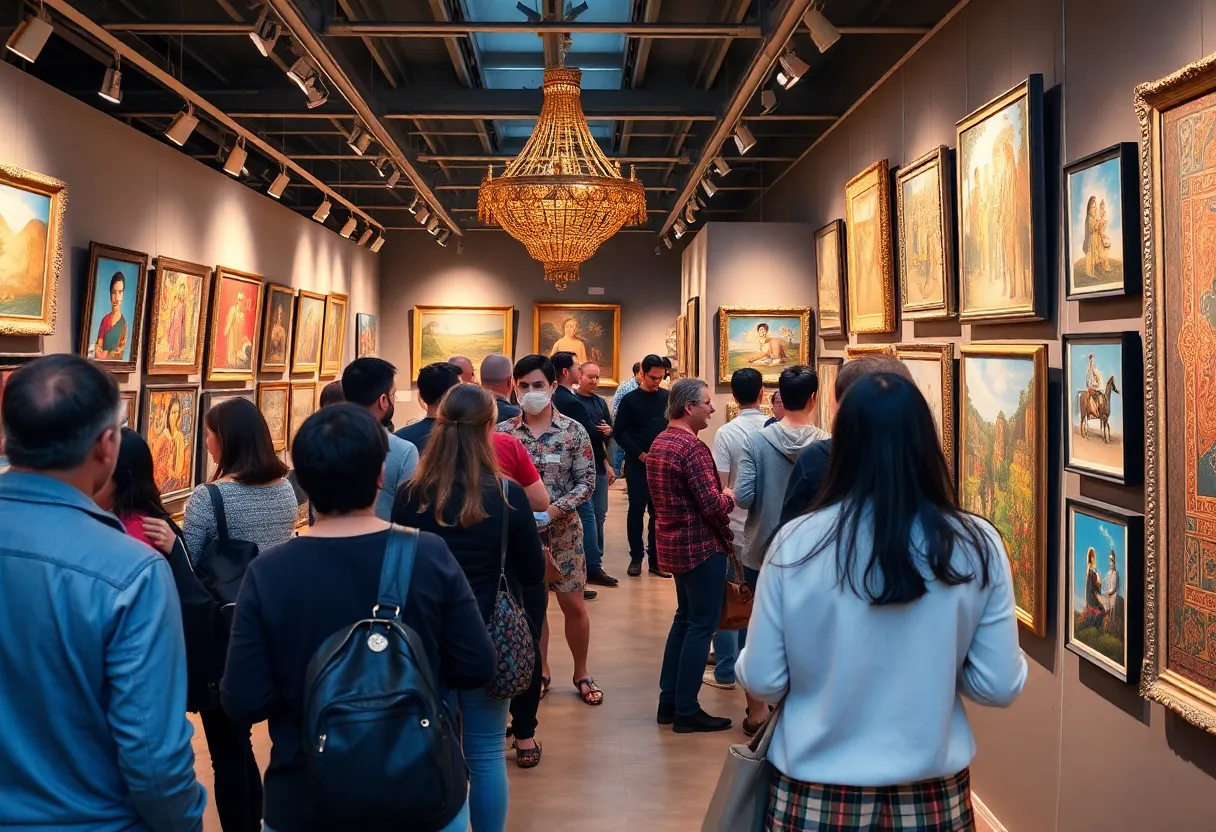 Visitors exploring the art exhibit showcasing cultural diversity