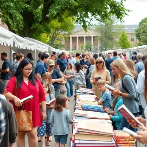 Families and authors enjoying the San Antonio Book Festival at the university campus.