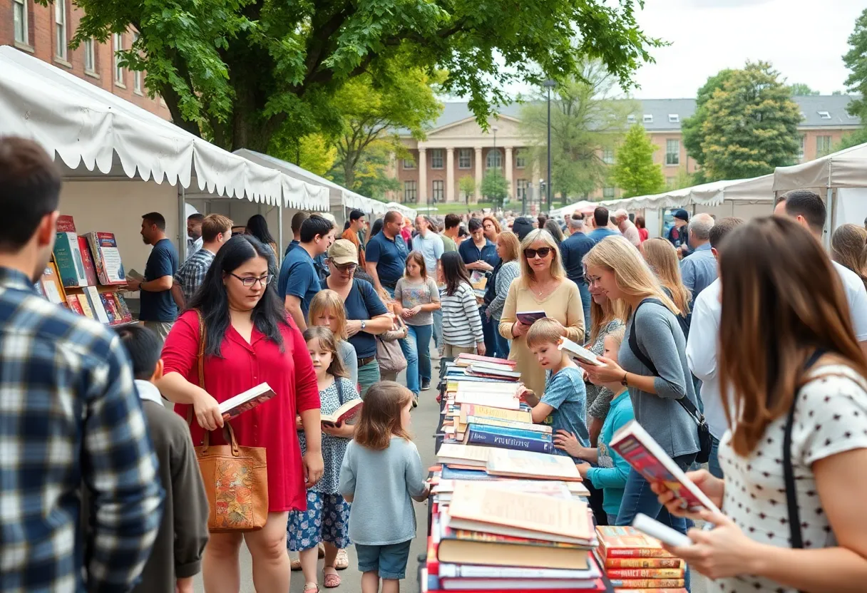 Families and authors enjoying the San Antonio Book Festival at the university campus.