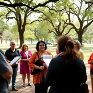 Residents of San Antonio gathered in a park discussing community concerns