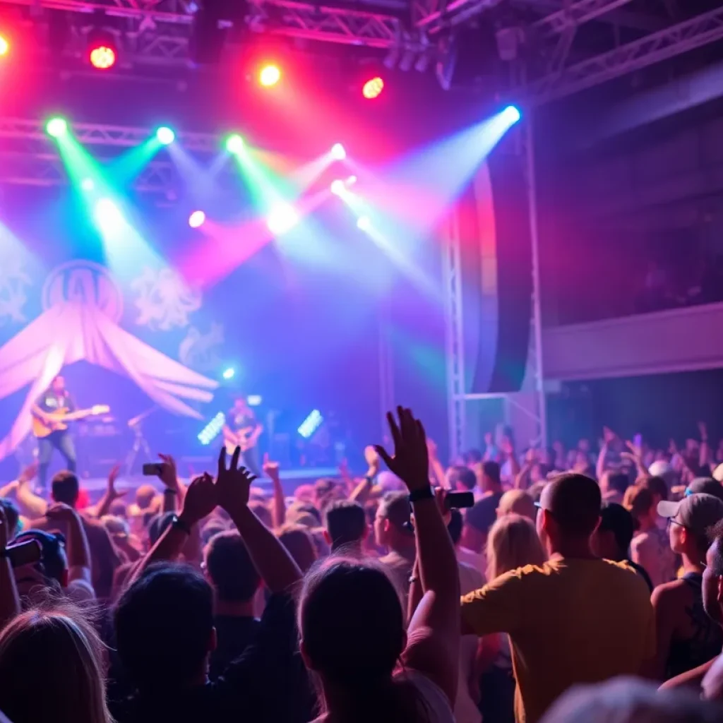 Crowd enjoying a concert in San Antonio with stage lights