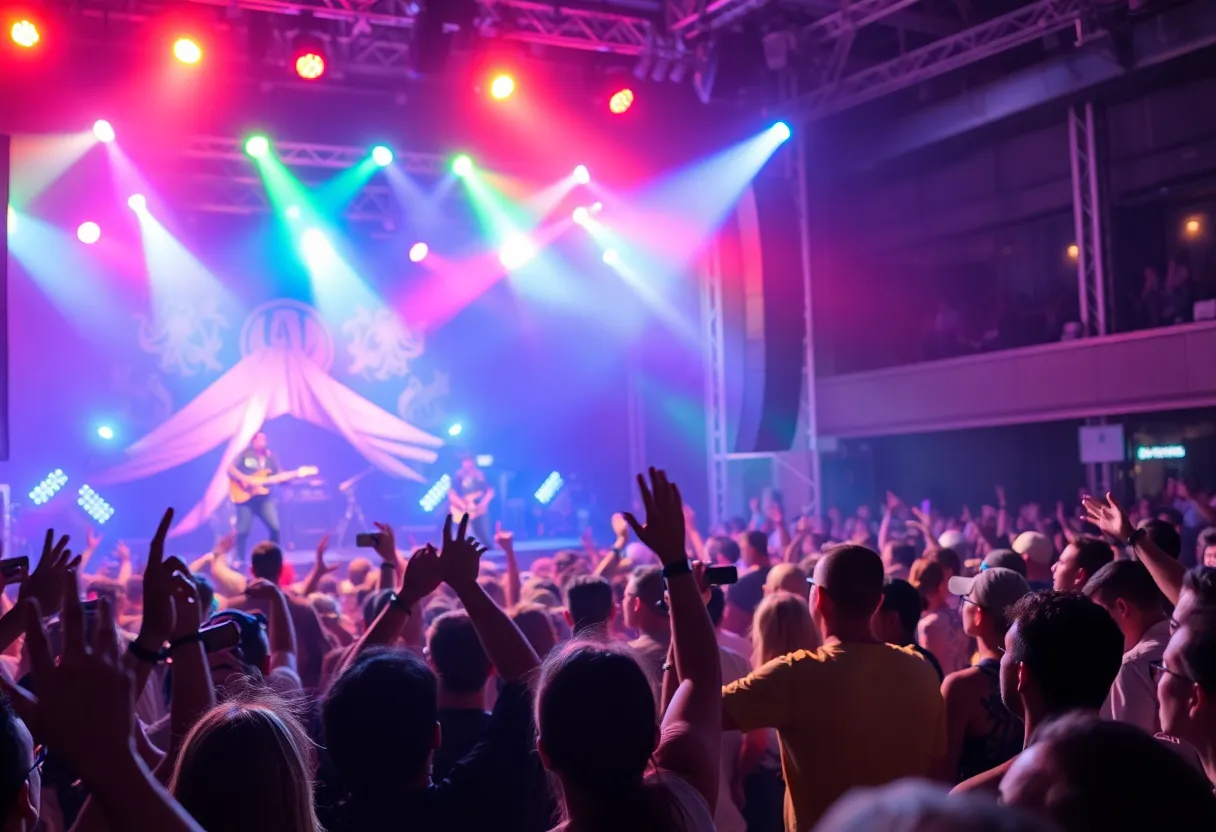 Crowd enjoying a concert in San Antonio with stage lights