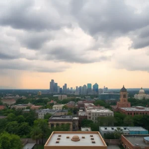 Scenic view of San Antonio skyline affected by cool front and hazy air.