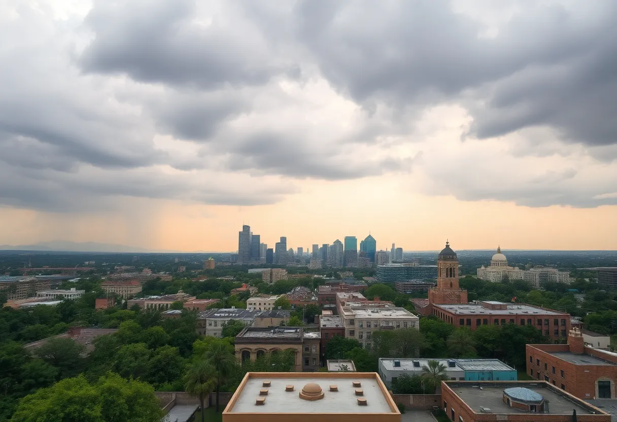 Scenic view of San Antonio skyline affected by cool front and hazy air.