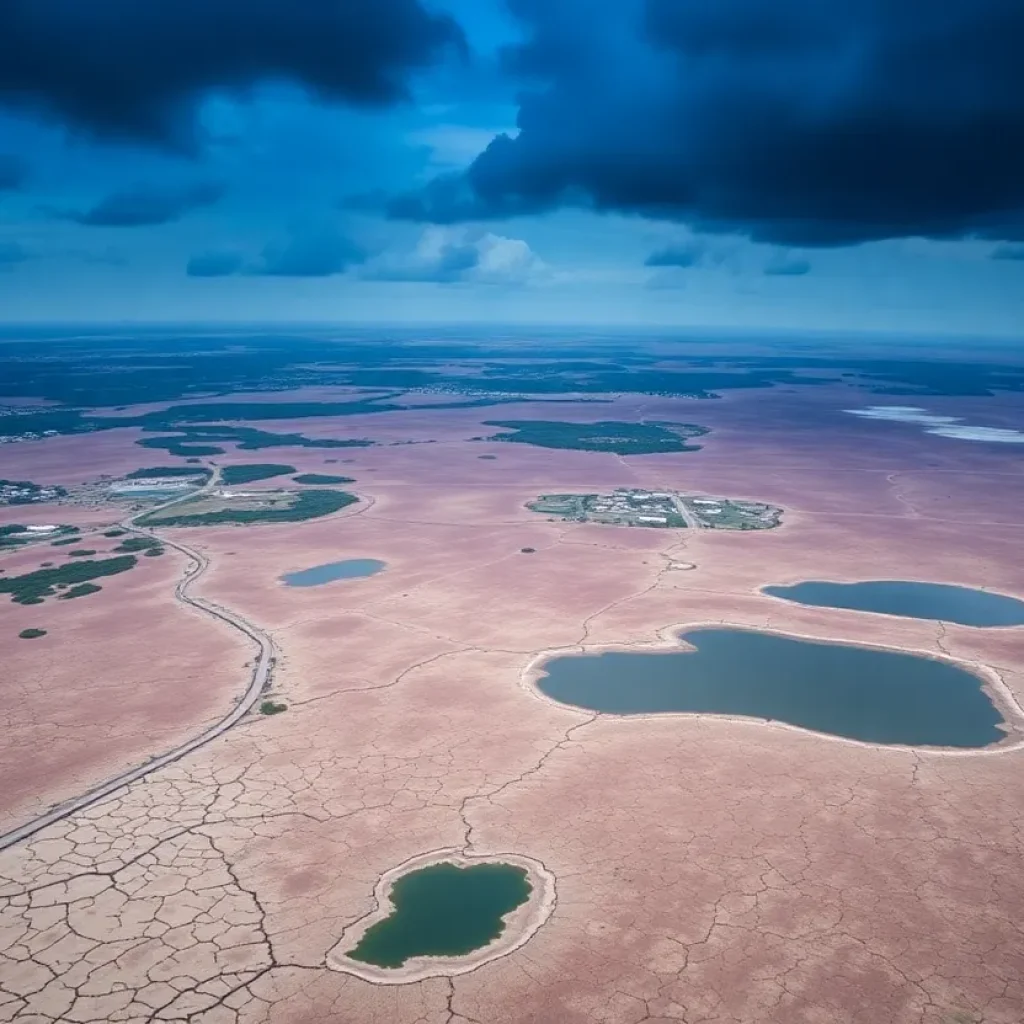 Aerial view of San Antonio showing dry landscapes and low lake levels as drought conditions prevail.