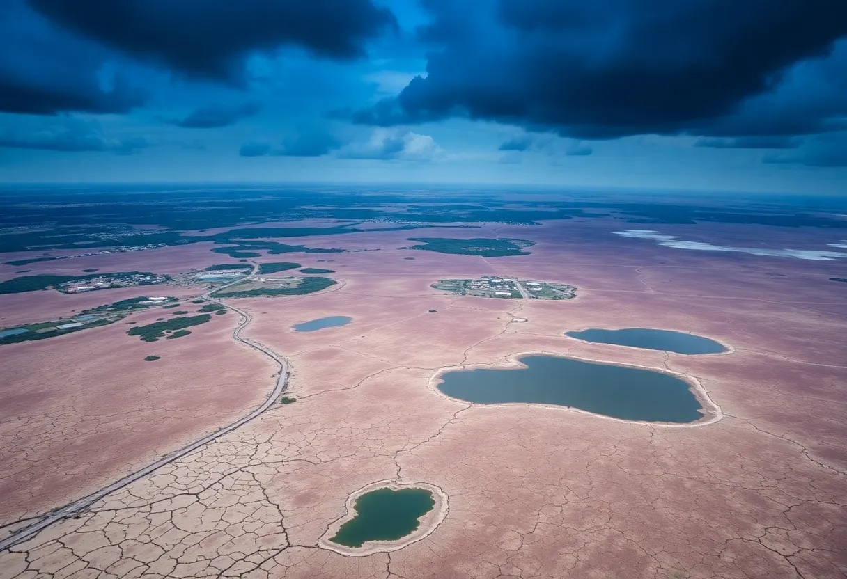 Aerial view of San Antonio showing dry landscapes and low lake levels as drought conditions prevail.