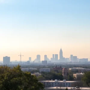 View of San Antonio skyline with dusty, hazy skies.