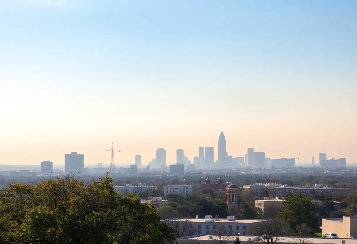 View of San Antonio skyline with dusty, hazy skies.