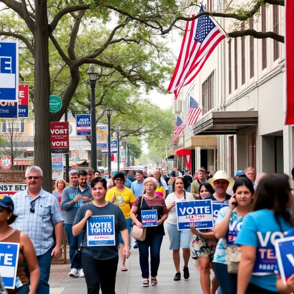 Vibrant San Antonio street scene during election season with campaign posters.